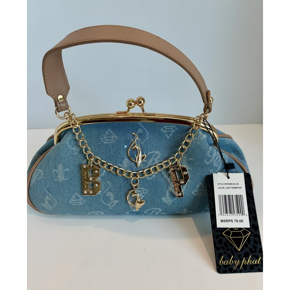 Baby Phat Light Blue Monogram Kiss Lock Clutch w/ Gold Chain Strap Charm. Lined
